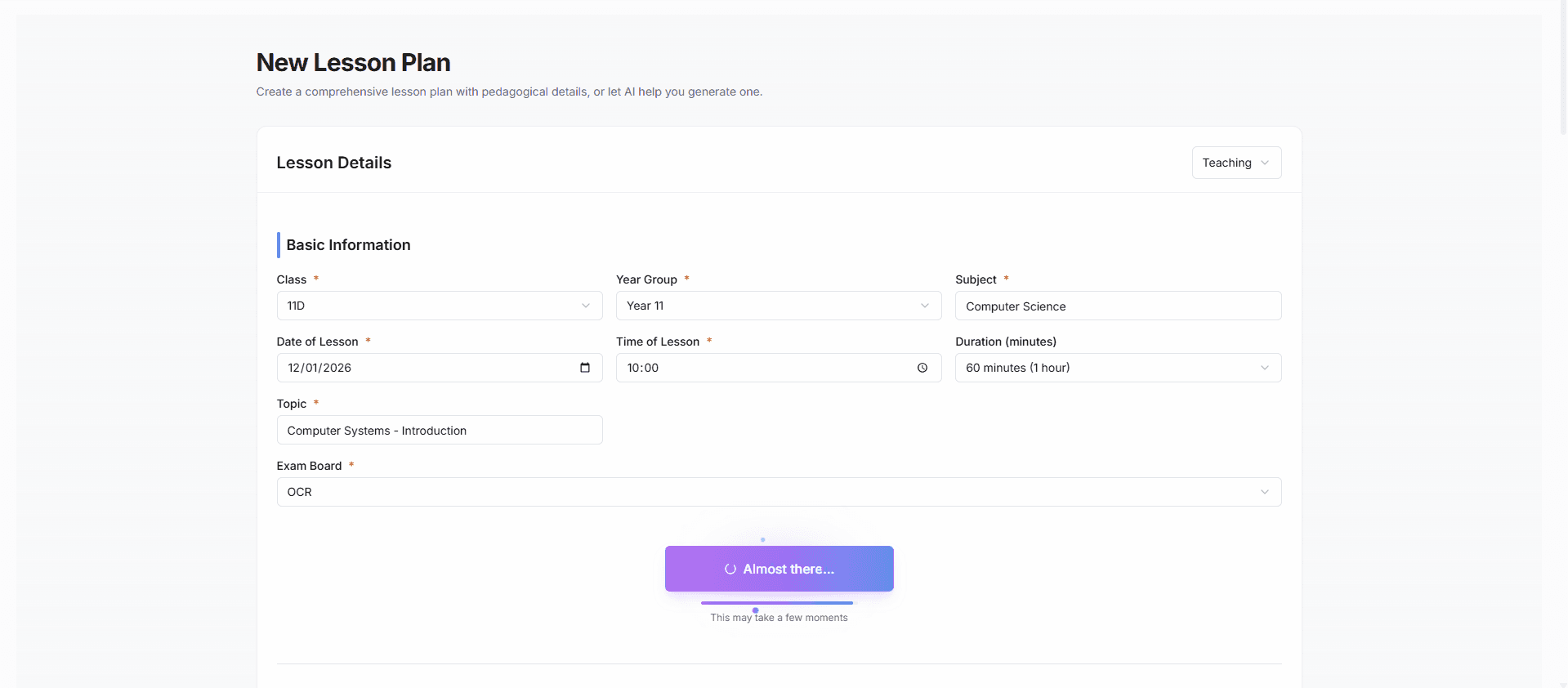 AI Lesson Generation interface showing a lesson being created automatically